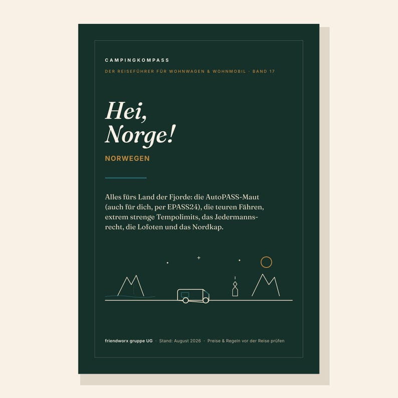 May include: A dark green travel guide titled Campingkompass Hei, Norge! Norwegen. The cover features white text detailing Norwegian travel regulations, including AutoPASS, ferries, and speed limits, with a minimalist line art graphic of a camper.