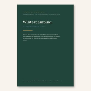 Op de afbeelding: Een donkergroene boekomslag met de titel Wintercamping. De tekst bevat Campingkompass, Themen-Sonderband en Der Gesamtüberblick 2026/27. Het bevat een samenvatting over verwarming, gas, vorstbescherming en winterbanden.