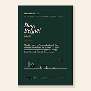 May include: A dark green travel guide book titled Campingkompass Dag, Belgi&euml;! featuring white text, a minimalist line drawing of a camper van, a building, and a tent, with information about Belgian travel regulations and regions.