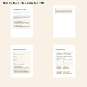 Pu&ograve; includere: Quattro pagine bianche di una guida digitale intitolata Blick ins Buch - Beispielseiten (PDF) con testo nero in tedesco. Le pagine contengono sezioni strutturate, elenchi puntati e tabelle su informazioni di viaggio e percorsi di campeggio.