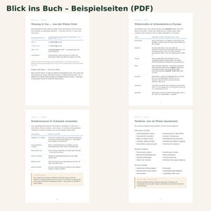 May include: Four pages of a book titled Blick ins Buch - Beispielseiten (PDF) featuring German text about winter camping, including heating gas consumption, European winter tyre regulations, condensation prevention, and a winter packing list.