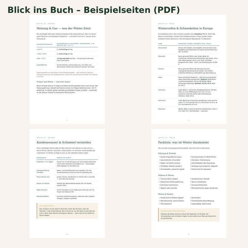 May include: Four pages of a book titled Blick ins Buch - Beispielseiten (PDF) featuring German text about winter camping, including heating gas consumption, European winter tyre regulations, condensation prevention, and a winter packing list.