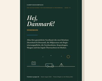 May include: A dark green travel guide book titled Campingkompass, Der Reiseführer für Wohnwagen & Wohnmobil Band 15, Hej, Danmark! Dänemark. The cover features minimalist line art of a camper van, tent, and buildings under a night sky.