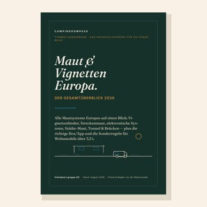 May include: A dark green informational guide titled Maut & Vignetten Europa. Der Gesamt&uuml;berblick 2026. The cover features white and gold text, a minimalist line drawing of a vehicle, and details regarding European toll systems and regulations.