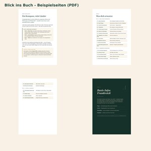 K&ouml;nnte beinhalten: Vier Seiten aus einem digitalen Reisef&uuml;hrer mit dem Titel Blick ins Buch - Beispielseiten (PDF). Die Seiten enthalten deutschen Text, strukturierte Inhaltsverzeichnisse und Informationen zum Camping, inklusive einer Seite Basis-Infos Frankreich.