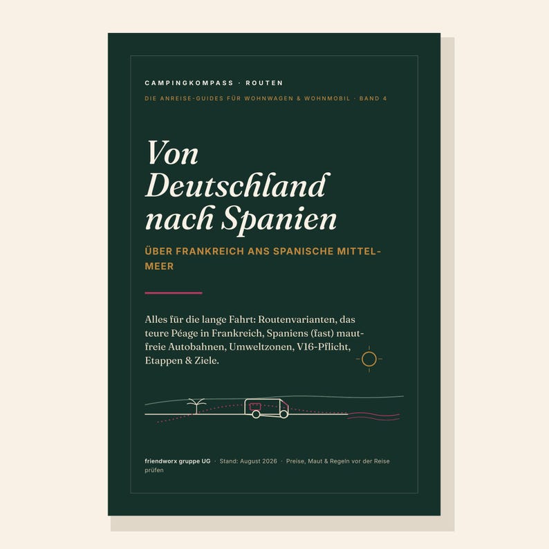 Op de afbeelding: Een donkergroene boekomslag met de titel Campingkompass Routen: Von Deutschland nach Spanien. De tekst bevat details over reisgidsen voor caravans en campers, met een minimalistische lijntekening van een voertuig en een zon.