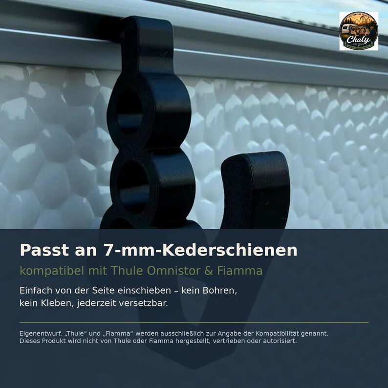 May include: A black plastic hook designed for 7 mm awning rails, featuring a vertical structure with three circular openings and a curved hook arm. The text on the image reads: Passt an 7-mm-Kederschienen, kompatibel mit Thule Omnistor & Fiamma.
