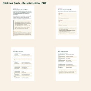 Op de afbeelding: Vier pagina's van een digitale gids getiteld Blick ins Buch - Beispielseiten (PDF) met Duitse tekst. De pagina's bevatten gestructureerde lay-outs met koppen zoals Ein Kompass f&uuml;r den Weg, So nutzt du diesen Guide en Was dich erwartet, ingedeeld in secties met opsommingstekens en tabellen.