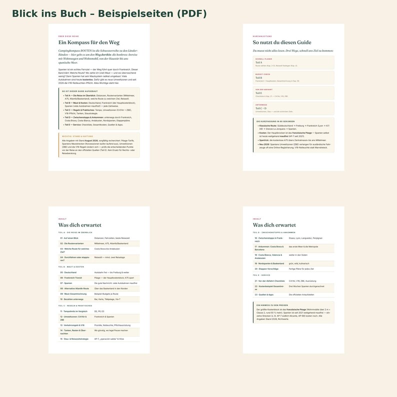 Op de afbeelding: Vier pagina's van een digitale gids getiteld Blick ins Buch - Beispielseiten (PDF) met Duitse tekst. De pagina's bevatten gestructureerde lay-outs met koppen zoals Ein Kompass f&uuml;r den Weg, So nutzt du diesen Guide en Was dich erwartet, ingedeeld in secties met opsommingstekens en tabellen.