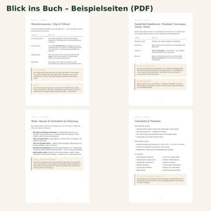 May include: Four pages of a book titled Blick ins Buch - Beispielseiten (PDF) featuring German text about pet travel regulations, including sections on microchips, tapeworm treatment, vehicle safety, and a travel checklist for dogs.