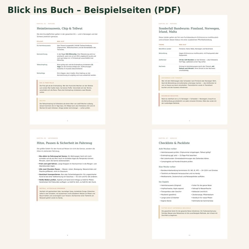 May include: Four pages of a book titled Blick ins Buch - Beispielseiten (PDF) featuring German text about pet travel regulations, including sections on microchips, tapeworm treatment, vehicle safety, and a travel checklist for dogs.