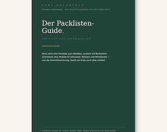 May include: A dark green book cover titled Campingkompass Der Packlisten-Guide. The text describes a modular packing system for travel, including sections for seasons, travel types, and companions, with a footer dated October 2026.
