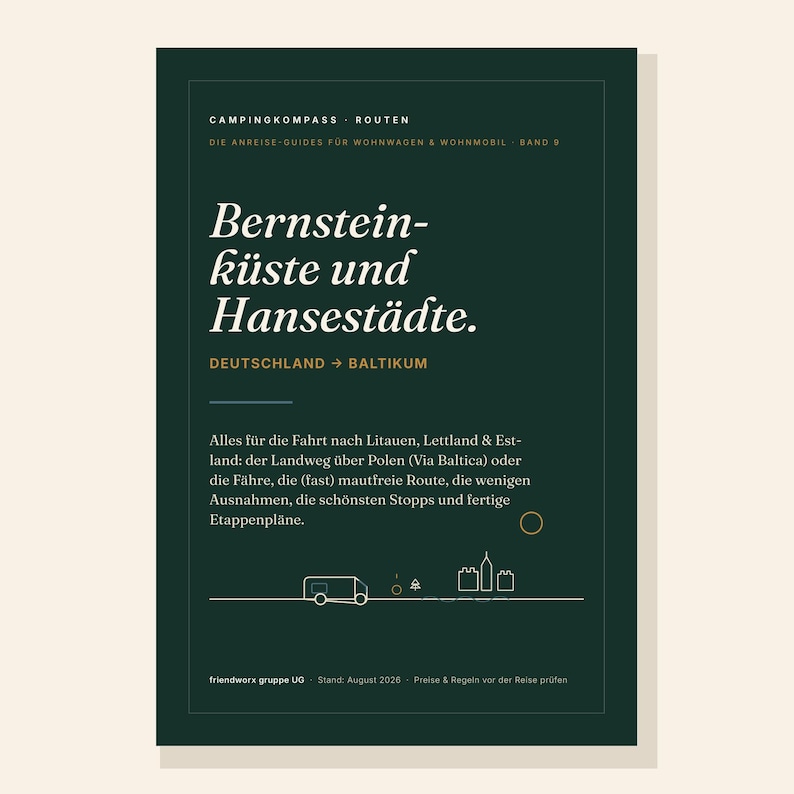 Pu&ograve; includere: Una guida di viaggio verde scuro intitolata Campingkompass Routen: Bernstein-k&uuml;ste und Hansest&auml;dte. La copertina presenta testo bianco e oro, un disegno al tratto di un camper e un'icona di una citt&agrave;, che descrive i percorsi dalla Germania al Baltico.