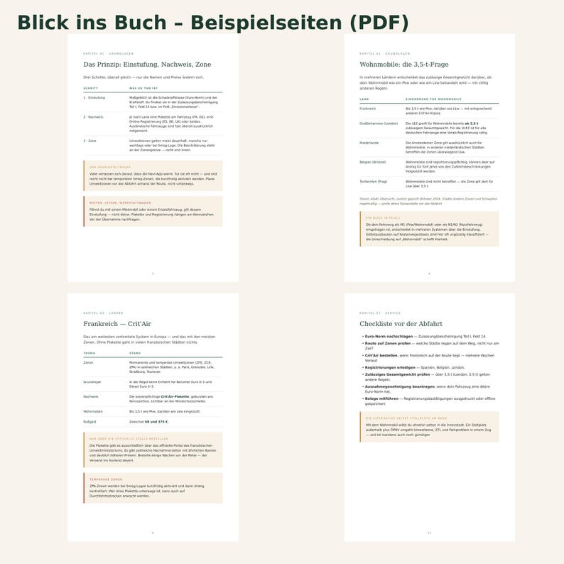 K&ouml;nnte beinhalten: Vier Seiten eines digitalen Buches mit dem Titel Blick ins Buch - Beispielseiten (PDF), die deutschen Text zu Umweltzonen, Wohnmobil-Gewichtsgrenzen, franz&ouml;sischen Crit'Air-Vignetten und einer Checkliste enthalten.
