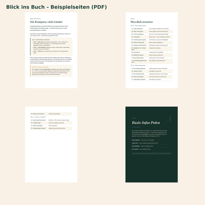 K&ouml;nnte beinhalten: Eine digitale Dokumentenvorschau mit vier Seiten eines deutschsprachigen Reisef&uuml;hrers mit dem Titel Blick ins Buch - Beispielseiten (PDF). Die Seiten enthalten Text, Tabellen und Listen mit Reiseinformationen, darunter ein Inhaltsverzeichnis und ein Abschnitt &uuml;ber Polen.