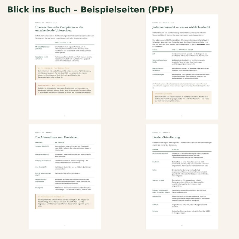K&ouml;nnte beinhalten: Vier Seiten eines digitalen Buches mit dem Titel Blick ins Buch - Beispielseiten (PDF) mit deutschem Text &uuml;ber Campingvorschriften. Die Seiten enthalten strukturierte Tabellen, &Uuml;berschriften und hervorgehobene Textfelder.