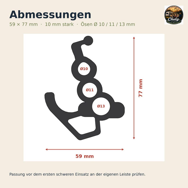 May include: A black rubber seal profile with a complex cross-section featuring three circular openings labeled 10, 11, and 13 mm. The diagram indicates total dimensions of 59 mm by 77 mm, with a thickness of 10 mm, and includes the text Abmessungen.
