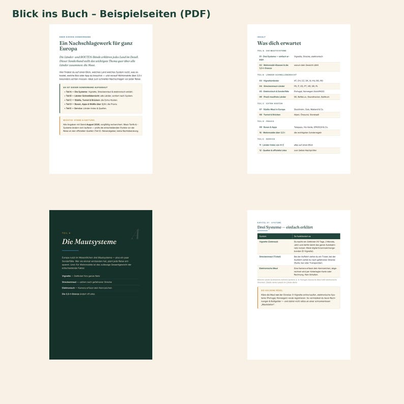 May include: Four pages from a digital guidebook titled Blick ins Buch - Beispielseiten (PDF) featuring text in German about European toll systems, including tables, lists, and headings such as Die Mautsysteme and Was dich erwartet.