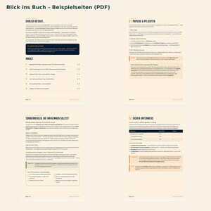 May include: Four pages of a digital guidebook titled Blick ins Buch - Beispielseiten (PDF) featuring German text about travelling with dogs. The layout includes headings like Papiere & Pflichten and Sicher Unterwegs, with bullet points, tables, and checklists on a light cream background.