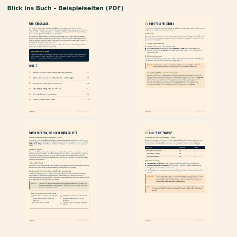 May include: Four pages of a digital guidebook titled Blick ins Buch - Beispielseiten (PDF) featuring German text about travelling with dogs. The layout includes headings like Papiere & Pflichten and Sicher Unterwegs, with bullet points, tables, and checklists on a light cream background.