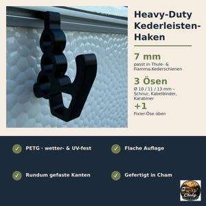 May include: A black heavy-duty awning rail hook featuring three circular openings with diameters of 10, 11, and 13 mm, plus one top fixing eyelet. The hook is designed for 7 mm rails and is made from weather and UV-resistant PETG material.