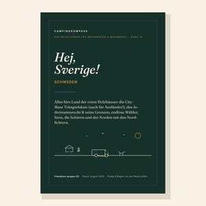 May include: A dark green travel guide book titled Campingkompass Hej, Sverige! featuring white text, a gold sun icon, and a line art illustration of a house, a tree, and a camper van at the bottom. The cover includes German text about Sweden.