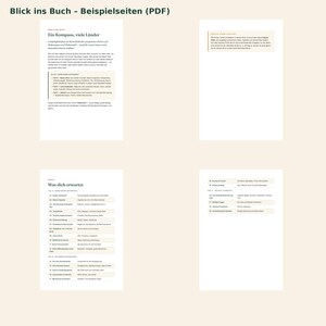 Op de afbeelding: Vier witte pagina's van een digitaal boekvoorbeeld getiteld Blick ins Buch - Beispielseiten (PDF). De pagina's bevatten Duitse tekst, gestructureerde lijsten en tabellen met informatie over kamperen, reisgidsen en inhoudsopgaven.