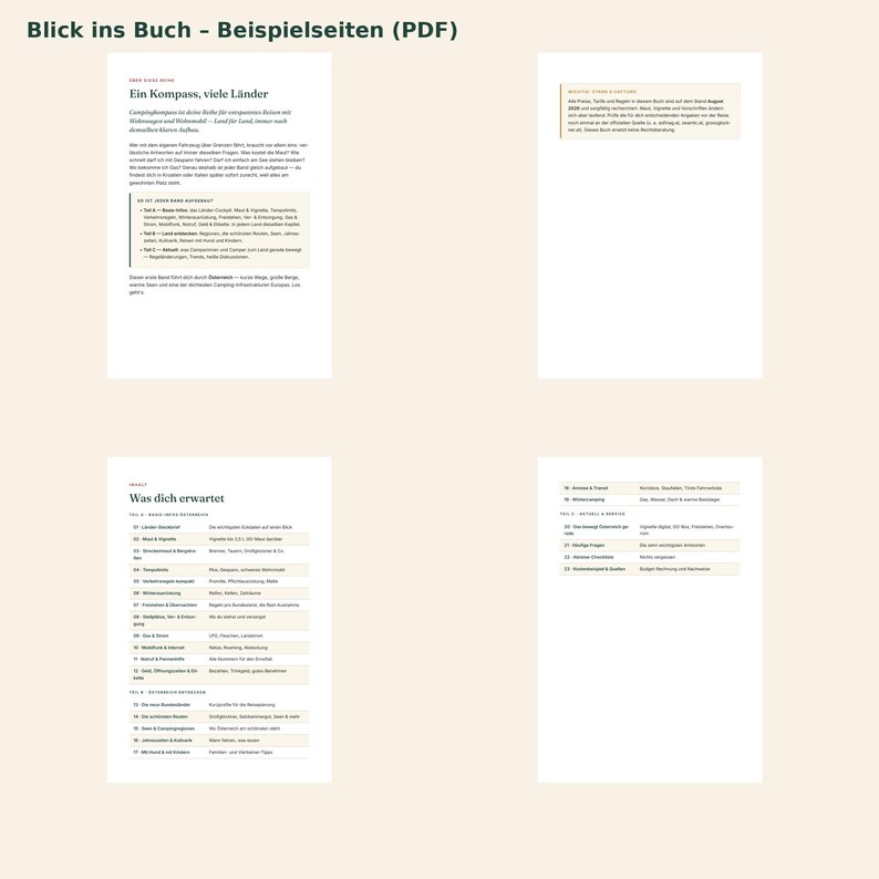 Op de afbeelding: Vier witte pagina's van een digitaal boekvoorbeeld getiteld Blick ins Buch - Beispielseiten (PDF). De pagina's bevatten Duitse tekst, gestructureerde lijsten en tabellen met informatie over kamperen, reisgidsen en inhoudsopgaven.