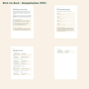 Pu&ograve; includere: Quattro pagine di una guida digitale intitolata Blick ins Buch - Beispielseiten (PDF). Le pagine contengono testo in tedesco, elenchi strutturati e tabelle su informazioni di viaggio, incluse sezioni come Ein Kompass f&uuml;r den Weg e Was dich erwartet, con evidenziazioni di sfondo color beige chiaro.