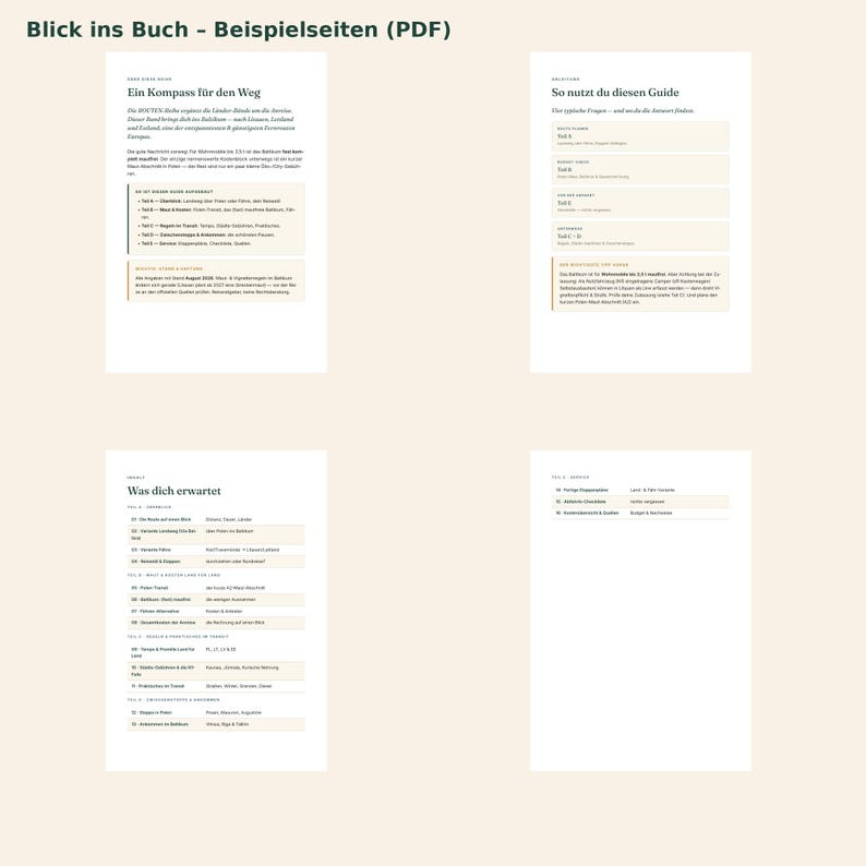 Pu&ograve; includere: Quattro pagine di una guida digitale intitolata Blick ins Buch - Beispielseiten (PDF). Le pagine contengono testo in tedesco, elenchi strutturati e tabelle su informazioni di viaggio, incluse sezioni come Ein Kompass f&uuml;r den Weg e Was dich erwartet, con evidenziazioni di sfondo color beige chiaro.