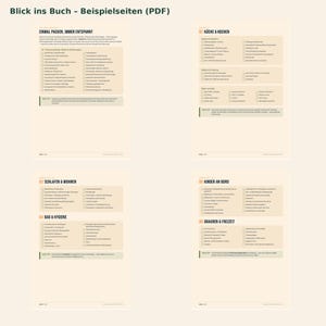 Peut inclure: Quatre pages d'un livre de listes de contr&ocirc;le sur fond beige clair avec du texte noir. Les pages sont intitul&eacute;es Blick ins Buch - Beispielseiten (PDF) et contiennent des listes class&eacute;es pour le rangement, la cuisine, le sommeil, le salon, la salle de bain, l'hygi&egrave;ne, les enfants et les loisirs.