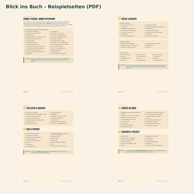 Peut inclure: Quatre pages d'un livre de listes de contr&ocirc;le sur fond beige clair avec du texte noir. Les pages sont intitul&eacute;es Blick ins Buch - Beispielseiten (PDF) et contiennent des listes class&eacute;es pour le rangement, la cuisine, le sommeil, le salon, la salle de bain, l'hygi&egrave;ne, les enfants et les loisirs.