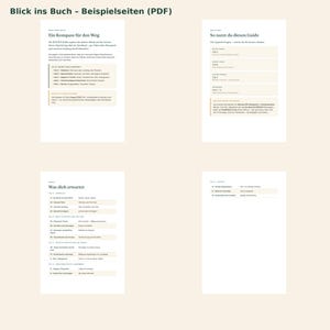 K&ouml;nnte beinhalten: Vier wei&szlig;e Seiten eines Reisef&uuml;hrers mit schwarzem Text und hellbraunen rechteckigen Hervorhebungen. Die Seiten enthalten &Uuml;berschriften wie Blick ins Buch, Ein Kompass f&uuml;r den Weg, So nutzt du diesen Guide und Was dich erwartet mit Reiseinformationen.