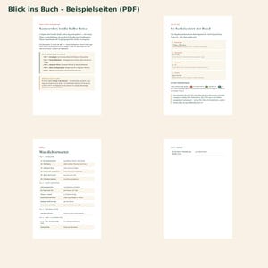 May include: Four white pages with black German text titled Blick ins Buch - Beispielseiten (PDF). The pages contain structured information about camping, meal planning, and book contents, organized into sections with headings, bullet points, and tables.