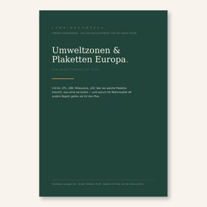 K&ouml;nnte beinhalten: Ein dunkelgr&uuml;nes Informationsbuch-Cover mit dem Titel Campingkompass, Themen-Sonderband, Umweltzonen & Plaketten Europa. Der Gesamt&uuml;berblick 2026. Es enth&auml;lt Text zu Crit'Air, ZTL, ZBE, Milieuzone und LEZ-Regelungen f&uuml;r Fahrzeuge.