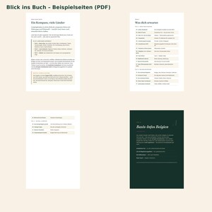 May include: Four pages of a digital guidebook titled Blick ins Buch - Beispielseiten (PDF) featuring German text about camping, travel planning, and country-specific information, including a table of contents and a section on Belgium.