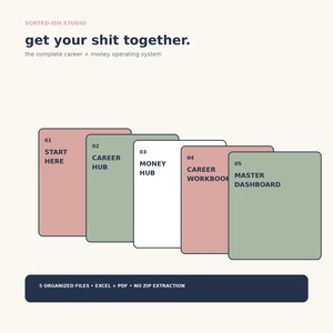 Puede incluir: Un sistema organizativo digital titulado get your shit together. the complete career + money operating system. Incluye cinco paneles rectangulares etiquetados 01 Start Here, 02 Career Hub, 03 Money Hub, 04 Career Workbook y 05 Master Dashboard.