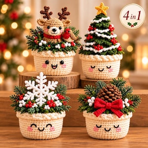 May include: Four crocheted planters with smiling faces, each featuring different holiday decorations: a reindeer with a bird, a Christmas tree with a yellow star, a white snowflake, and a pinecone with a red bow, labeled 4 in 1.