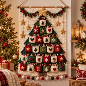May include: A cream-colored crochet wall hanging featuring a large green Christmas tree shape with twenty-four small pockets. Each pocket is decorated with festive motifs like stars, hearts, and trees, suspended from a wooden rod with rope.