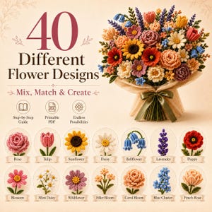 Könnte beinhalten: Ein digitaler Leitfaden mit 40 verschiedenen Häkelblumenmustern. Das Bild zeigt einen großen Strauß aus bunten gehäkelten Blumen, eingewickelt in beiges Papier mit einem grünen Band, sowie Symbole für eine Anleitung, ein PDF und Blumen.