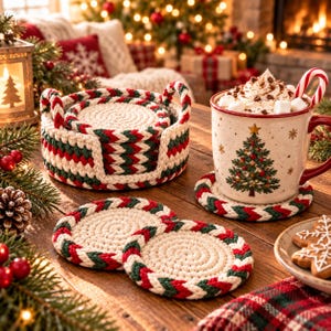 May include: A set of round, braided rope coasters in cream, red, and dark green, featuring a matching circular holder with two handles. One coaster sits under a ceramic mug decorated with a Christmas tree, whipped cream, and a candy cane.