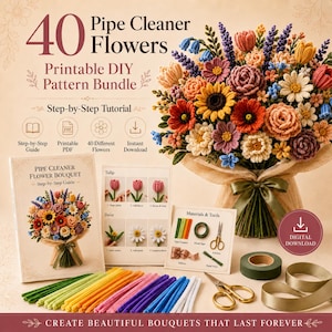 May include: A digital bundle for 40 pipe cleaner flowers featuring a step-by-step guide, printable PDF, and instructions for tulips and daisies. Includes colorful pipe cleaners, floral tape, scissors, ribbon, and a finished floral bouquet.