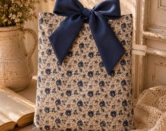 Blue Floral book sleeve with bow , handmade padded book sleeve , cottagecore book lover gift , hardcover & paperback book protector