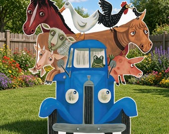 Verjaardagsdecoratie met een klein blauw vrachtwagentje, uitgesneden boerderijdieren voor een feestje, tuinbord met een blauw vrachtwagentje, boerderijthema verjaardagsdecoratie, boerderijthema babyshower decoratie