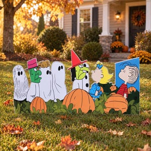 May include: A flat outdoor yard sign featuring a group of cartoon characters dressed in Halloween costumes, including ghosts, a green-skinned figure in a pink hat, a witch in a red hat, and two children standing among illustrated orange pumpkins.
