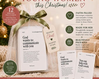 May include: A set of 12 monthly focus cards in a sheer white organza bag tied with a green ribbon. The cards feature religious text including 'God wants to communicate with you' and 'You can help with God's work'. A wooden tag reads 'Rejoice in Christ'.