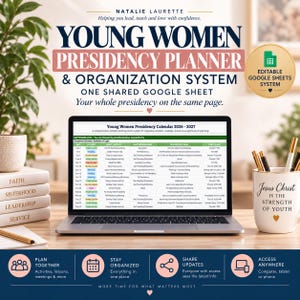 May include: A digital Young Women Presidency Planner and organization system displayed on a laptop screen. The interface shows a 2026-2027 calendar with columns for date, category, event, notes, description, and time, featuring a gold badge for Google Sheets.