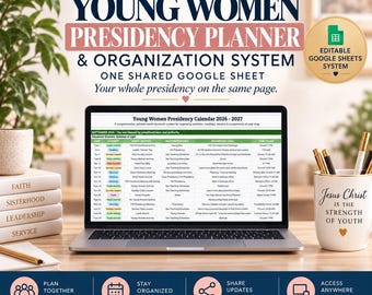 May include: A digital Young Women Presidency Planner and organization system displayed on a laptop screen. The interface shows a 2026-2027 calendar with columns for date, category, event, notes, description, and time, featuring a gold badge for Google Sheets.
