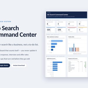 May include: A digital Job Search Command Center dashboard template for Excel and Google Sheets. The interface displays metrics, bar charts, and tables tracking job applications, interview rates, and response rates by source in a clean layout.
