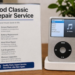 May include: A silver iPod Classic with a black circular click wheel and a digital screen displaying a music menu, positioned next to a white sign titled iPod Classic Repair Service that lists various technical repair options and services.